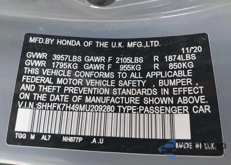 2021 Honda Civic Sport from USA, damaged, VIN SHHFK7H49MU209280